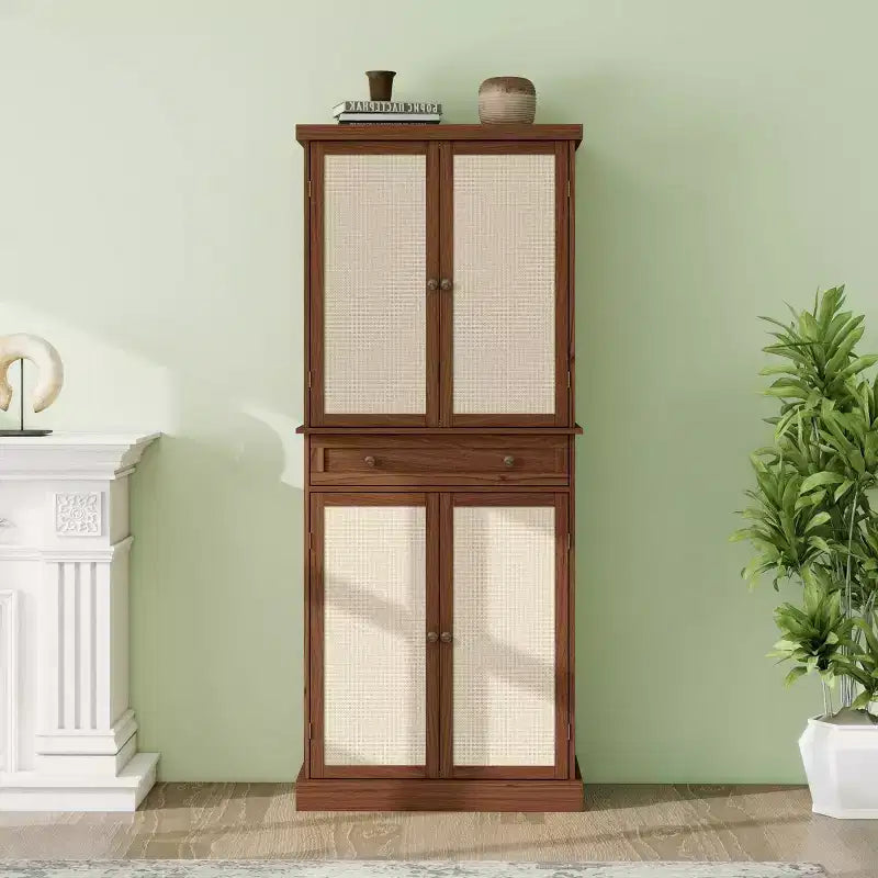 Armoire de cuisine haute de 183 cm, buffet de rangement bohème avec portes en rotin, tiroir central - Panipeachy