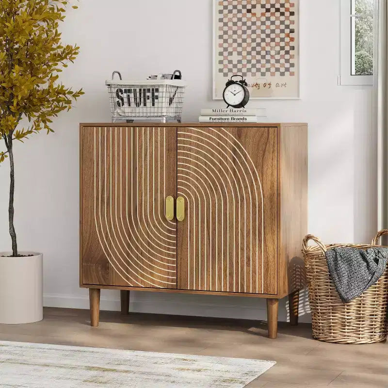 Armoire d'appoint Mid-Century Moderne 31, petit buffet à 2 portes avec motif géométrique à lignes blanches, pieds en bois massif - Panipeachy
