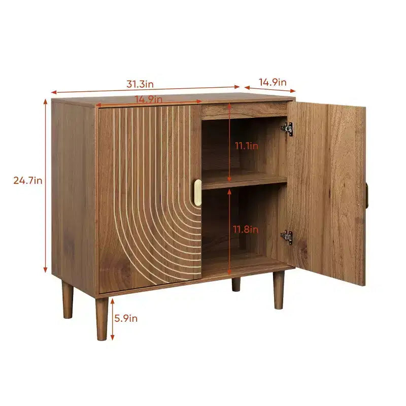 Armoire d'appoint Mid-Century Moderne 31, petit buffet à 2 portes avec motif géométrique à lignes blanches, pieds en bois massif - Panipeachy