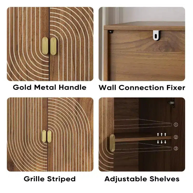 Armoire d'appoint Mid-Century Moderne 31, petit buffet à 2 portes avec motif géométrique à lignes blanches, pieds en bois massif - Panipeachy