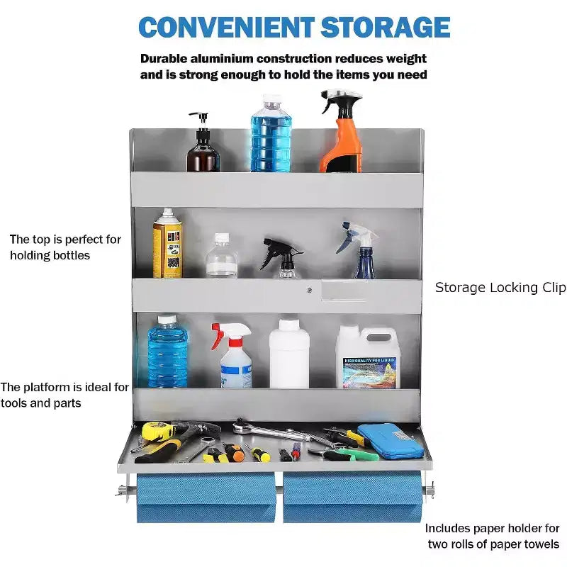 Armoire de rangement en aluminium pour poste de travail COZONY, avec plateau de travail rabattable et porte-serviettes en papier, organisateur d'armoire pour remorque fermée d'atelier de course
