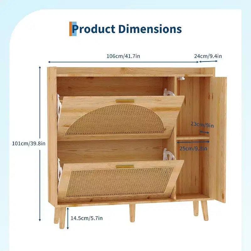Meuble à chaussures en rotin naturel avec miroir, range-chaussures autoportant dissimulé, 2 tiroirs basculants et étagères réglables pour entrée, couloir, dressing, salon