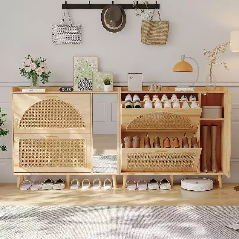 Meuble à chaussures en rotin naturel avec miroir, range-chaussures autoportant dissimulé, 2 tiroirs basculants et étagères réglables pour entrée, couloir, dressing, salon