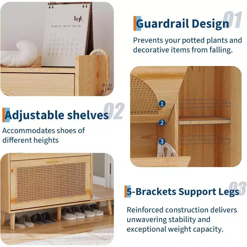 Meuble à chaussures en rotin naturel avec miroir, range-chaussures autoportant dissimulé, 2 tiroirs basculants et étagères réglables pour entrée, couloir, dressing, salon