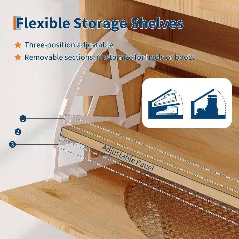 Meuble à chaussures en rotin naturel avec miroir, range-chaussures autoportant dissimulé, 2 tiroirs basculants et étagères réglables pour entrée, couloir, dressing, salon
