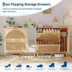 Meuble à chaussures en rotin naturel avec miroir, range-chaussures autoportant dissimulé, 2 tiroirs basculants et étagères réglables pour entrée, couloir, dressing, salon