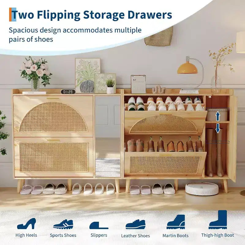 Meuble à chaussures en rotin naturel avec miroir, range-chaussures autoportant dissimulé, 2 tiroirs basculants et étagères réglables pour entrée, couloir, dressing, salon