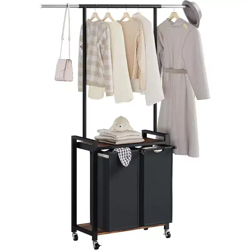 Acekool Rolling Laundry Hamper with Rack, Vintage Metal Clothes Organizer with Shelf for Home Storage