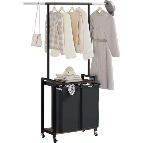 Acekool Rolling Laundry Hamper with Rack, Vintage Metal Clothes Organizer with Shelf for Home Storage
