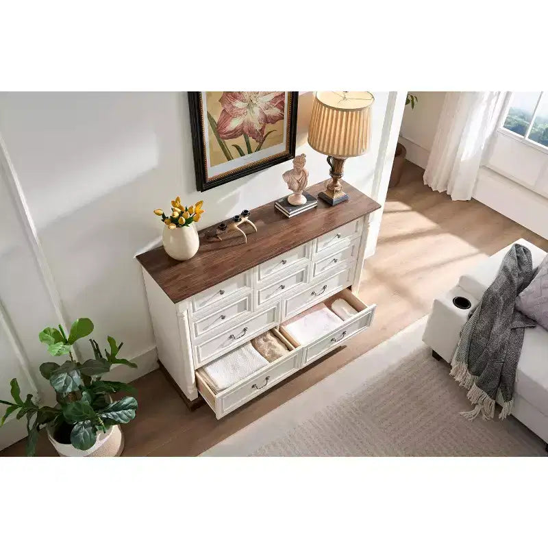 Commode en bois, Table de chevet rustique avec base en bois et moulure surélevée, pour chambre, salon, couloir, placard, bureau à domicile