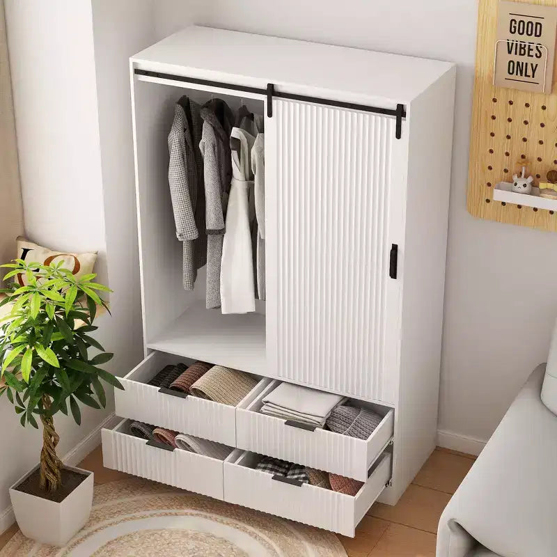 Armoire penderie 2 portes - Armoire de chambre en rotin avec tringle - Armoire de rangement en bois sur pied avec étagères