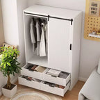 Armoire penderie 2 portes - Armoire de chambre en rotin avec tringle - Armoire de rangement en bois sur pied avec étagères