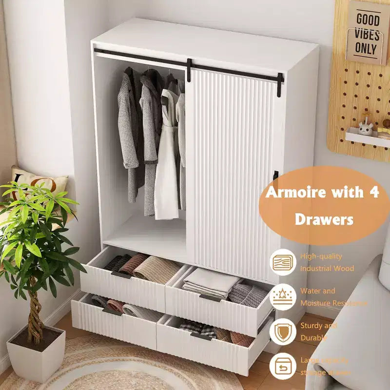 Armoire penderie 2 portes - Armoire de chambre en rotin avec tringle - Armoire de rangement en bois sur pied avec étagères