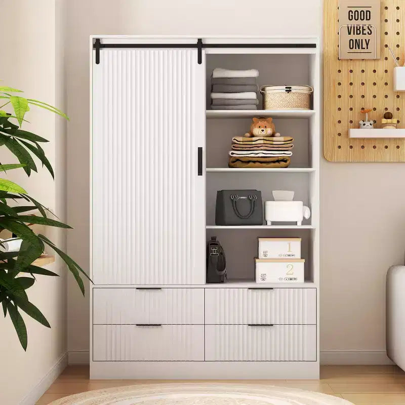 Armoire penderie 2 portes - Armoire de chambre en rotin avec tringle - Armoire de rangement en bois sur pied avec étagères