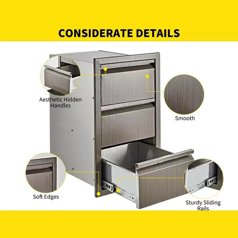 Bloc de tiroirs triple en acier inoxydable COZONY, encastré 14W pour îlot de cuisine extérieur et patio