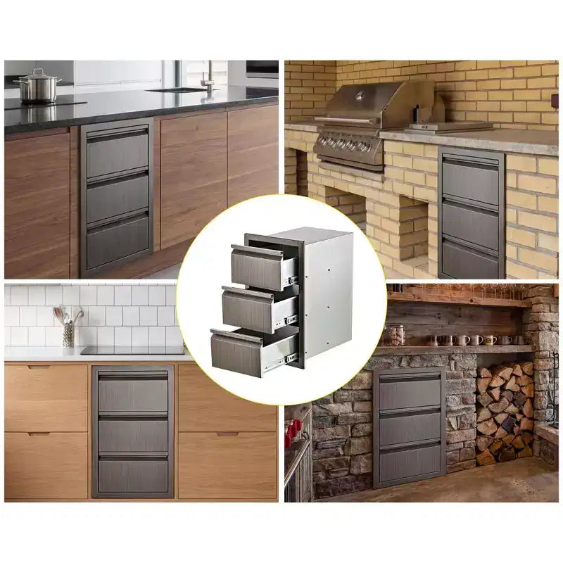 Bloc de tiroirs triple en acier inoxydable COZONY, encastré 14W pour îlot de cuisine extérieur et patio