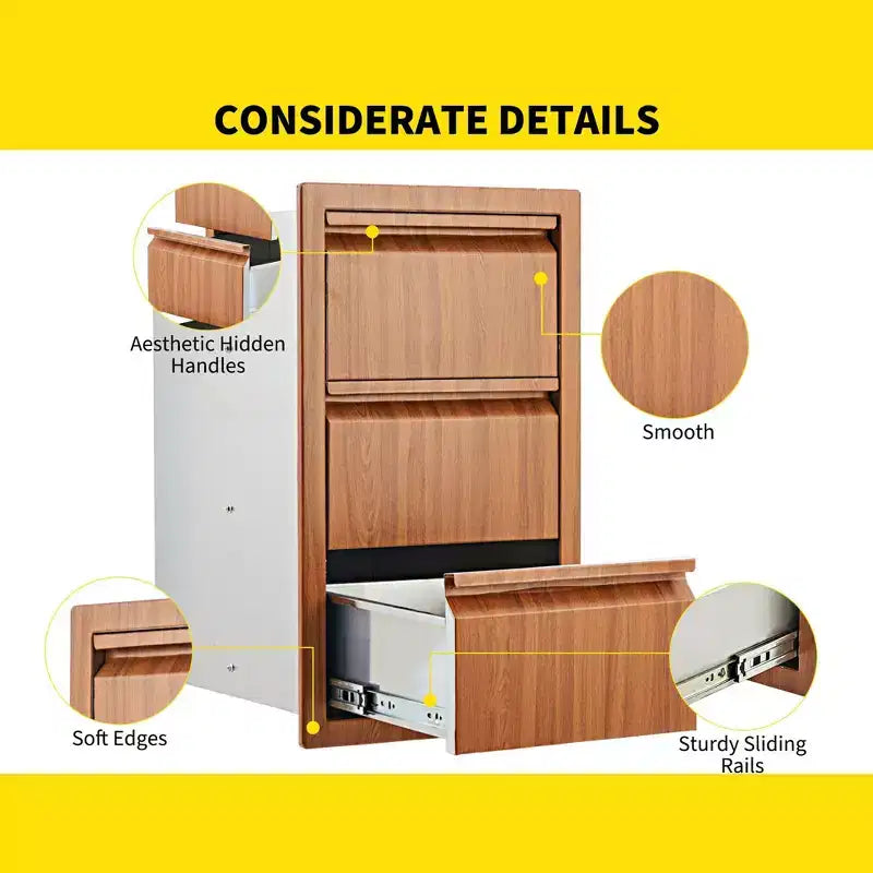 Bloc de tiroirs triple en acier inoxydable COZONY, encastré 14W pour îlot de cuisine extérieur et patio