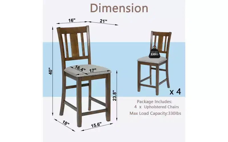 Lot de 4 chaises de salle à manger, chaises de cuisine en bois avec assise rembourrée et dossier à lattes, tabourets de bar rembourrés de style ferme, lot de 4