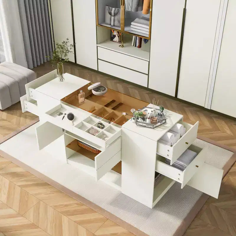 GDFStudio Ken Meuble Coiffeuse/Commode et Rangement d'Îlot Multifonctionnel avec Plateau en Verre et Tiroirs