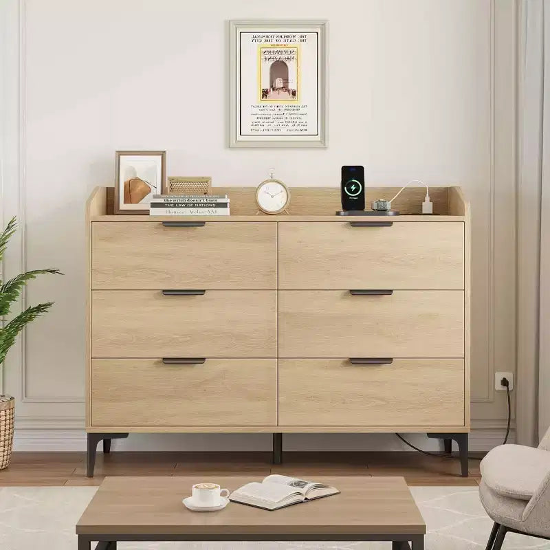 COZONY 47 Commode moderne avec prises USB, commode de rangement en bois à 6 tiroirs pour chambre et salon