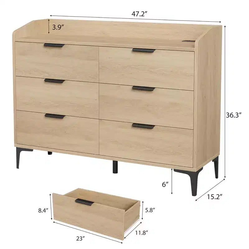 COZONY 47 Commode moderne avec prises USB, commode de rangement en bois à 6 tiroirs pour chambre et salon