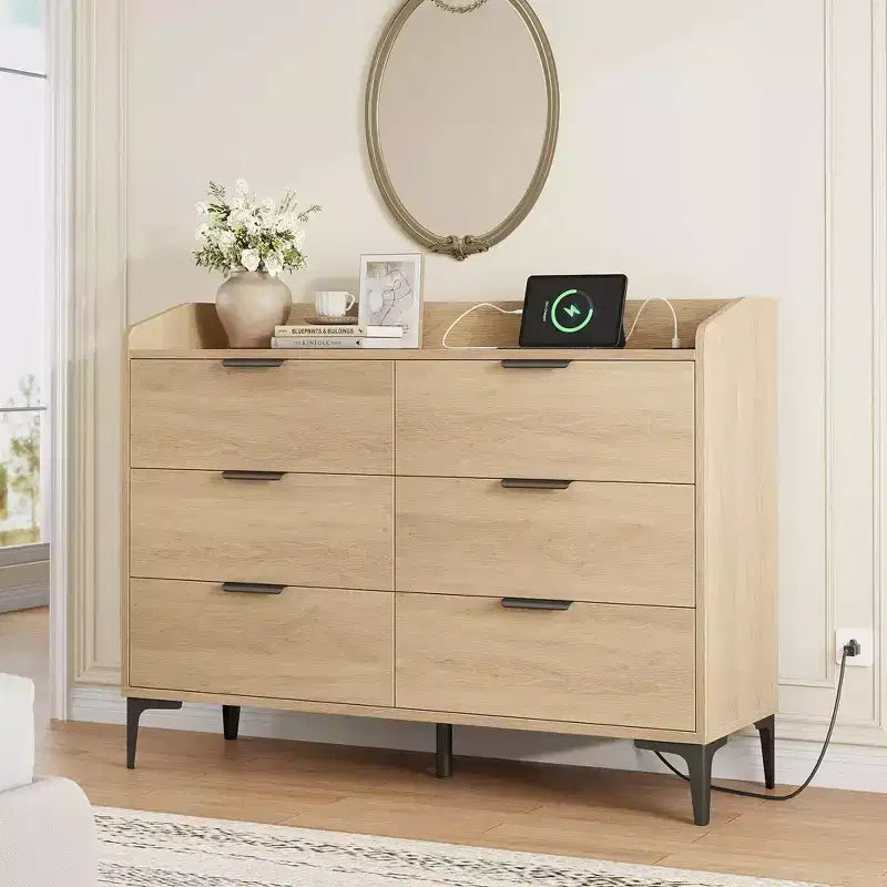 COZONY 47 Commode moderne avec prises USB, commode de rangement en bois à 6 tiroirs pour chambre et salon
