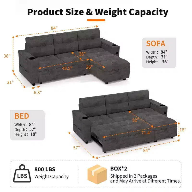 Canapé-lit d'angle 84" avec couchage gigogne - Canapé nuage convertible en velours côtelé moelleux avec méridienne de rangement et chargement USB, modulaire confortable en L