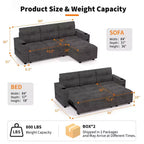 Canapé-lit d'angle 84" avec couchage gigogne - Canapé nuage convertible en velours côtelé moelleux avec méridienne de rangement et chargement USB, modulaire confortable en L