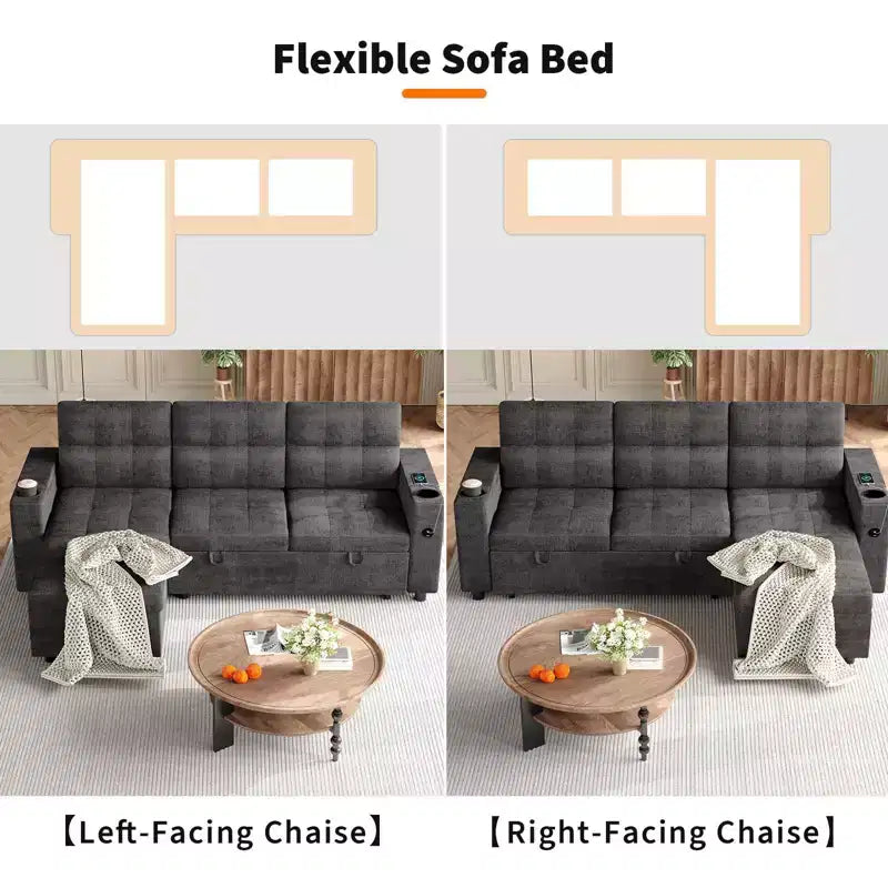 Canapé-lit d'angle 84" avec couchage gigogne - Canapé nuage convertible en velours côtelé moelleux avec méridienne de rangement et chargement USB, modulaire confortable en L