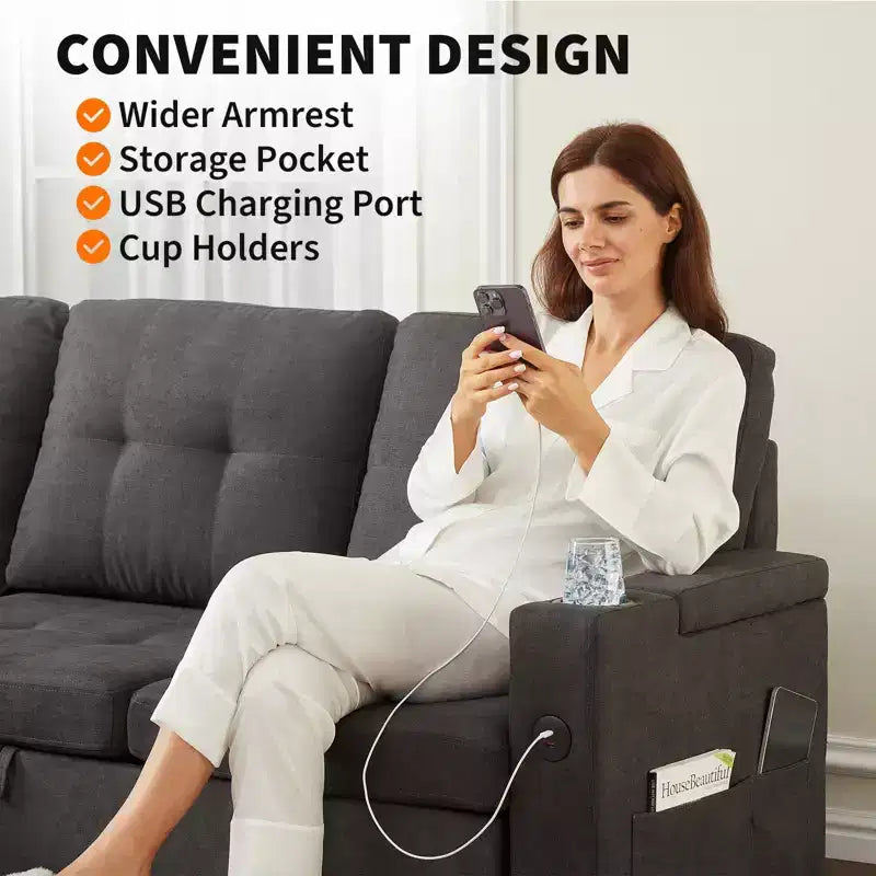 Canapé-lit d'angle 84" avec couchage gigogne - Canapé nuage convertible en velours côtelé moelleux avec méridienne de rangement et chargement USB, modulaire confortable en L