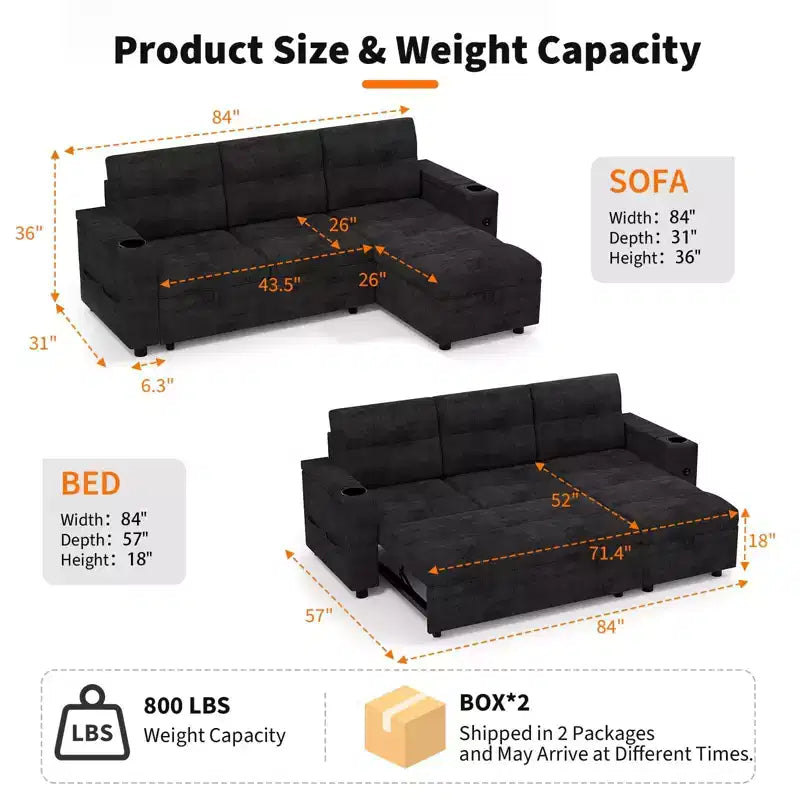Canapé-lit d'angle 84" avec couchage gigogne - Canapé nuage convertible en velours côtelé moelleux avec méridienne de rangement et chargement USB, modulaire confortable en L
