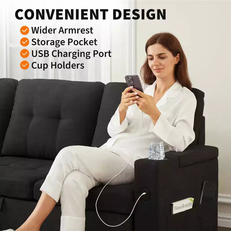 Canapé-lit d'angle 84" avec couchage gigogne - Canapé nuage convertible en velours côtelé moelleux avec méridienne de rangement et chargement USB, modulaire confortable en L