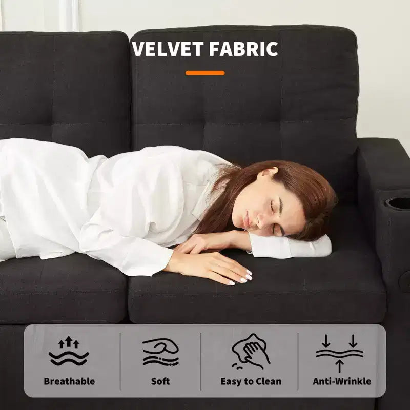 Canapé-lit d'angle 84" avec couchage gigogne - Canapé nuage convertible en velours côtelé moelleux avec méridienne de rangement et chargement USB, modulaire confortable en L