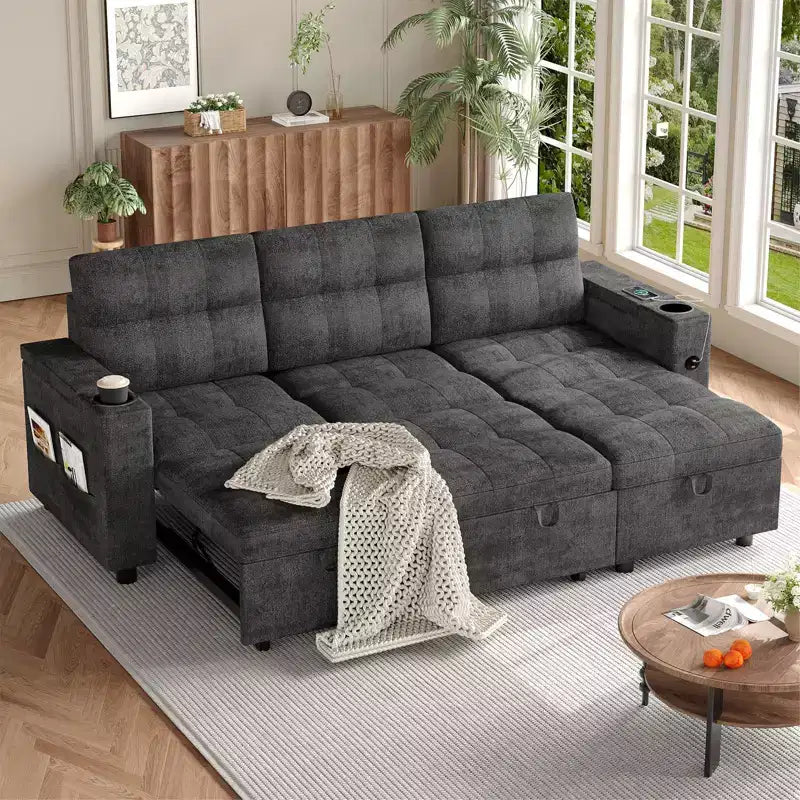 Canapé-lit d'angle 84" avec couchage gigogne - Canapé nuage convertible en velours côtelé moelleux avec méridienne de rangement et chargement USB, modulaire confortable en L