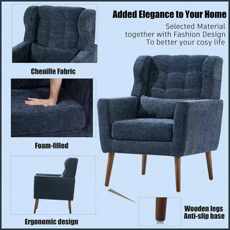 Fauteuil d'appoint moderne, fauteuil de lecture tapissé à dossier haut avec tissu chenille et pieds en bois, fauteuil lounge avocat pour salon ou chambre à coucher