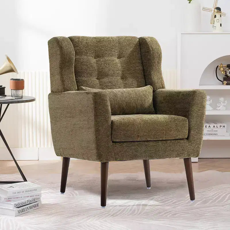 Fauteuil d'appoint moderne, fauteuil de lecture tapissé à dossier haut avec tissu chenille et pieds en bois, fauteuil lounge avocat pour salon ou chambre à coucher