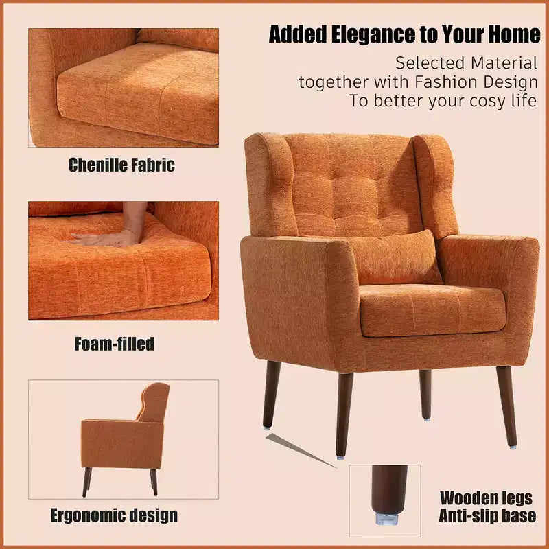 Fauteuil d'appoint moderne, fauteuil de lecture tapissé à dossier haut avec tissu chenille et pieds en bois, fauteuil lounge avocat pour salon ou chambre à coucher