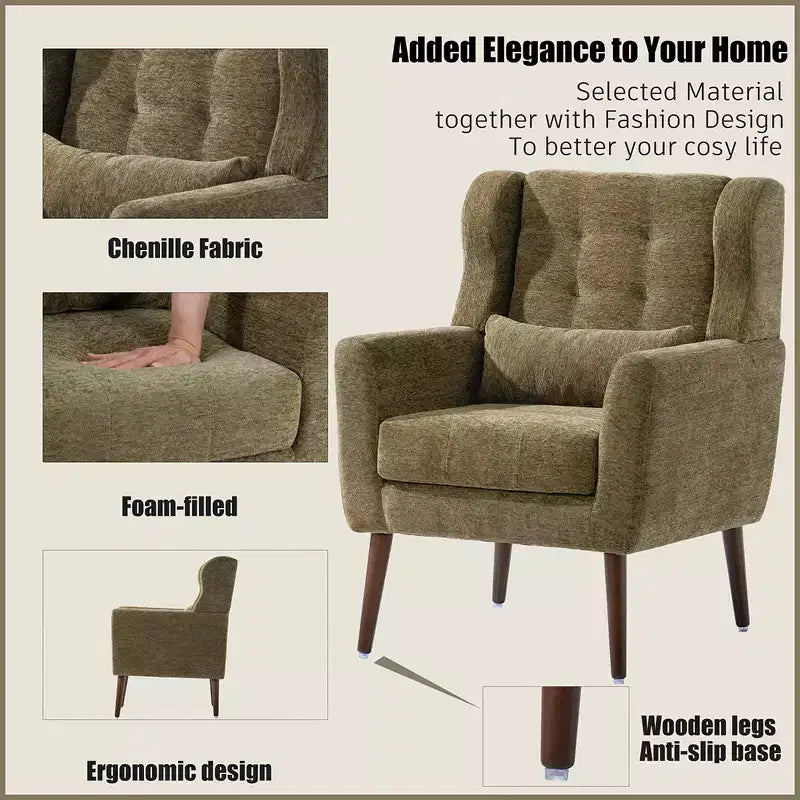 Fauteuil d'appoint moderne, fauteuil de lecture tapissé à dossier haut avec tissu chenille et pieds en bois, fauteuil lounge avocat pour salon ou chambre à coucher