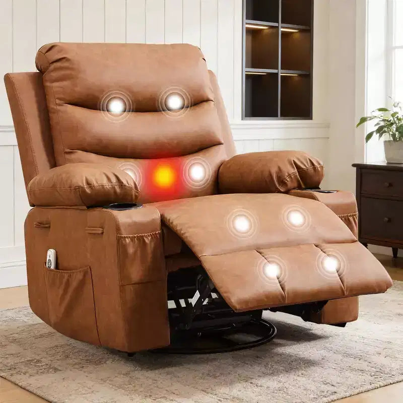 PU Leather Rocker Recliner Chair with Massage and Heat, Swivel Reclining Sofa with Cup Holder, Rocking Chair for Living Room, Bedroom, Brown