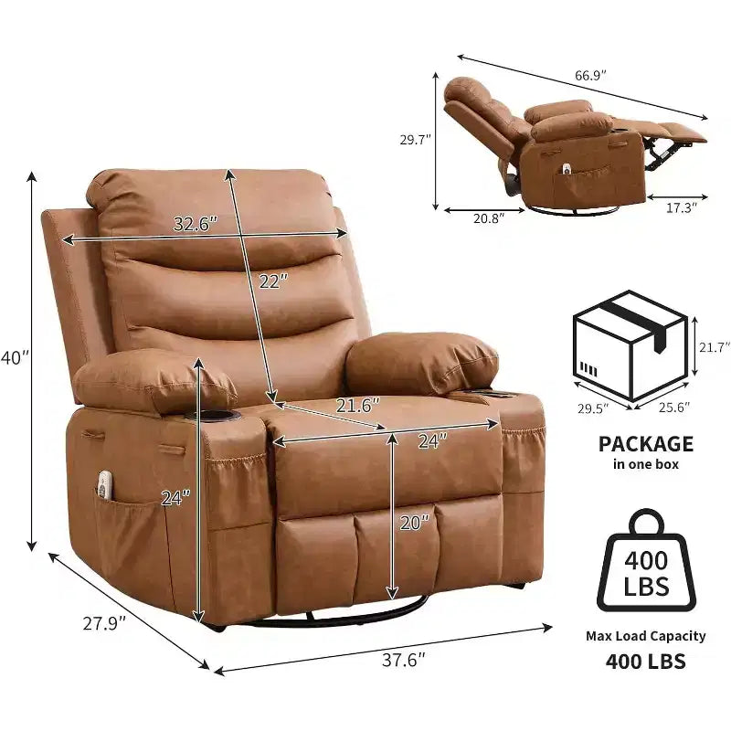 Fauteuil inclinable à bascule en cuir PU avec massage et chauffage, canapé inclinable pivotant avec porte-gobelet, fauteuil à bascule pour salon, chambre, marron