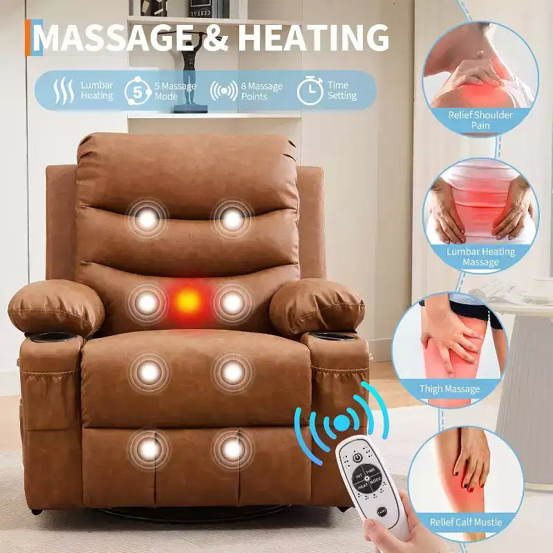 Fauteuil inclinable à bascule en cuir PU avec massage et chauffage, canapé inclinable pivotant avec porte-gobelet, fauteuil à bascule pour salon, chambre, marron
