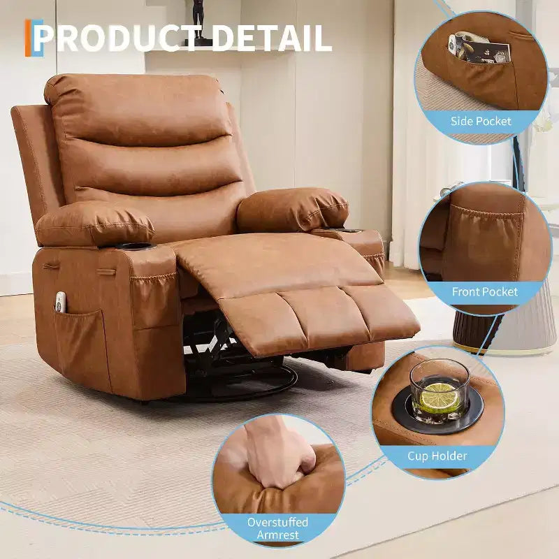 Fauteuil inclinable à bascule en cuir PU avec massage et chauffage, canapé inclinable pivotant avec porte-gobelet, fauteuil à bascule pour salon, chambre, marron