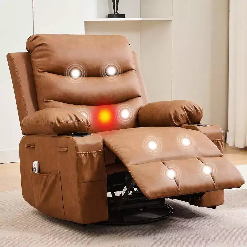Fauteuil inclinable à bascule en cuir PU avec massage et chauffage, canapé inclinable pivotant avec porte-gobelet, fauteuil à bascule pour salon, chambre, marron