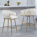 26 Inch Counter Height Bar Stool, Velvet Kitchen Island Stool with Wave Back, Gold Chrome Base and Footrest, Beige