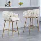26 Inch Counter Height Bar Stool, Velvet Kitchen Island Stool with Wave Back, Gold Chrome Base and Footrest, Beige