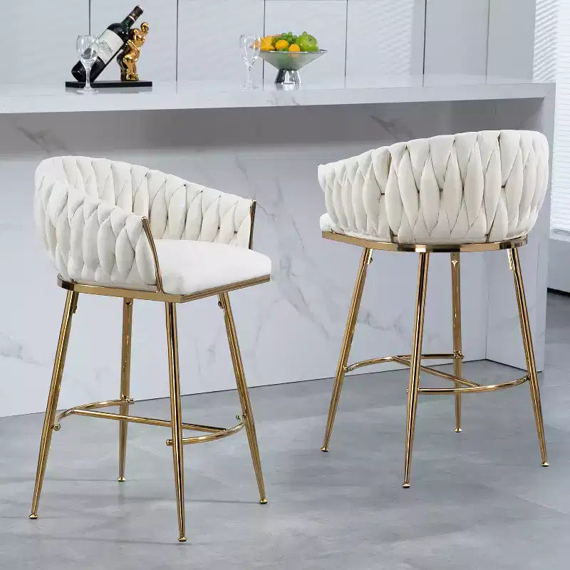 26 Inch Counter Height Bar Stool, Velvet Kitchen Island Stool with Wave Back, Gold Chrome Base and Footrest, Beige