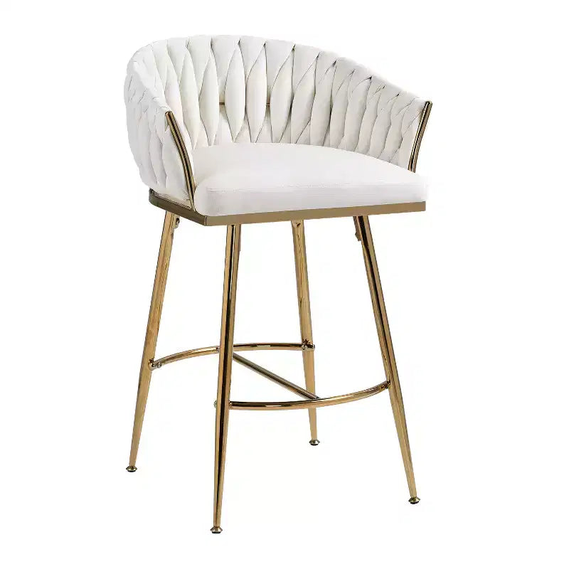 Tabouret de bar de 66 cm de hauteur de comptoir, tabouret de cuisine en velours avec dossier ondulé, base chromée dorée et repose-pieds, beige