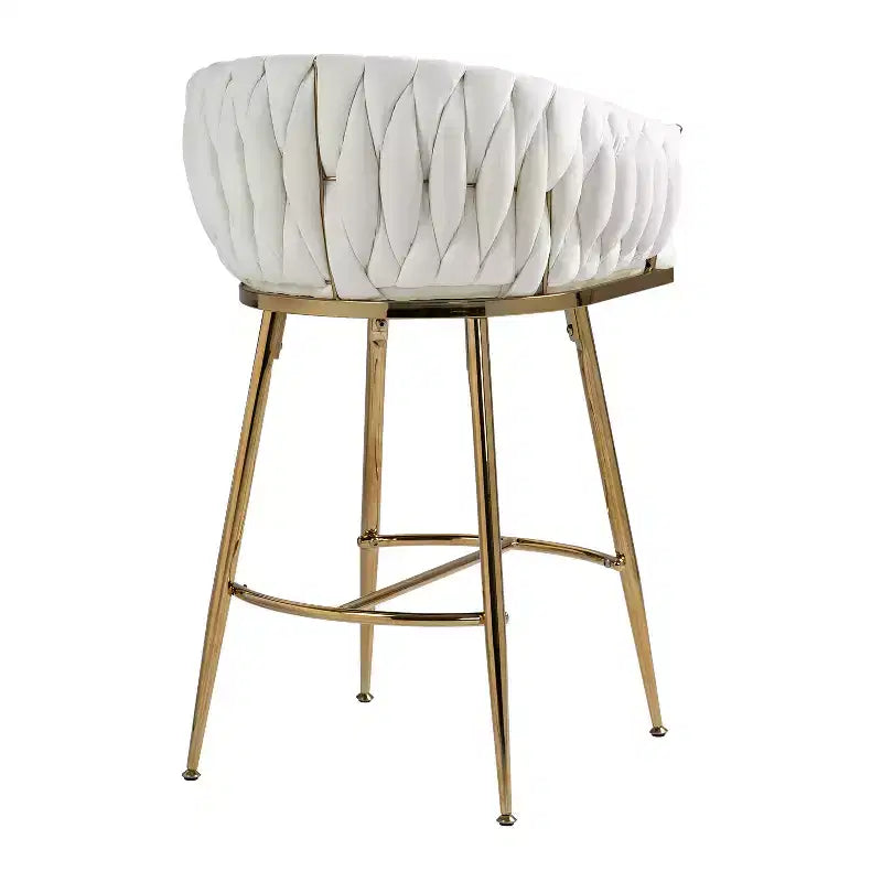 Tabouret de bar de 66 cm de hauteur de comptoir, tabouret de cuisine en velours avec dossier ondulé, base chromée dorée et repose-pieds, beige