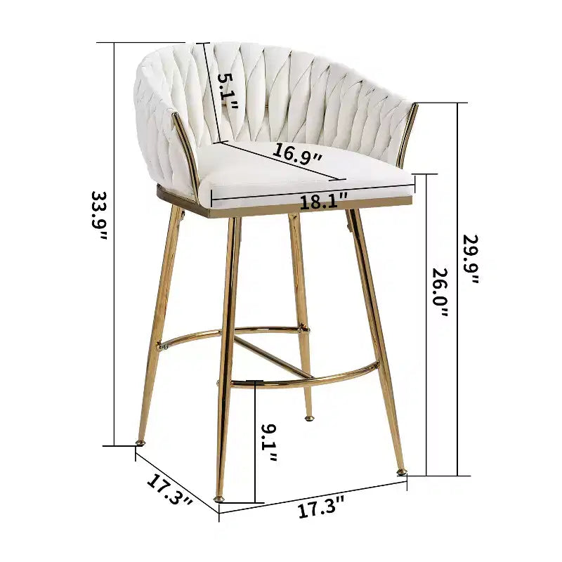 Tabouret de bar de 66 cm de hauteur de comptoir, tabouret de cuisine en velours avec dossier ondulé, base chromée dorée et repose-pieds, beige
