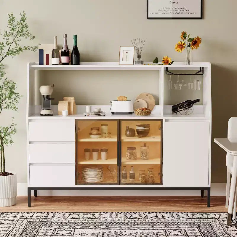 Modern Style Sideboard, Decorative Storage Cabinet with 3 Drawers and Glass Doors; the Sideboard Can Store Wine Glasses